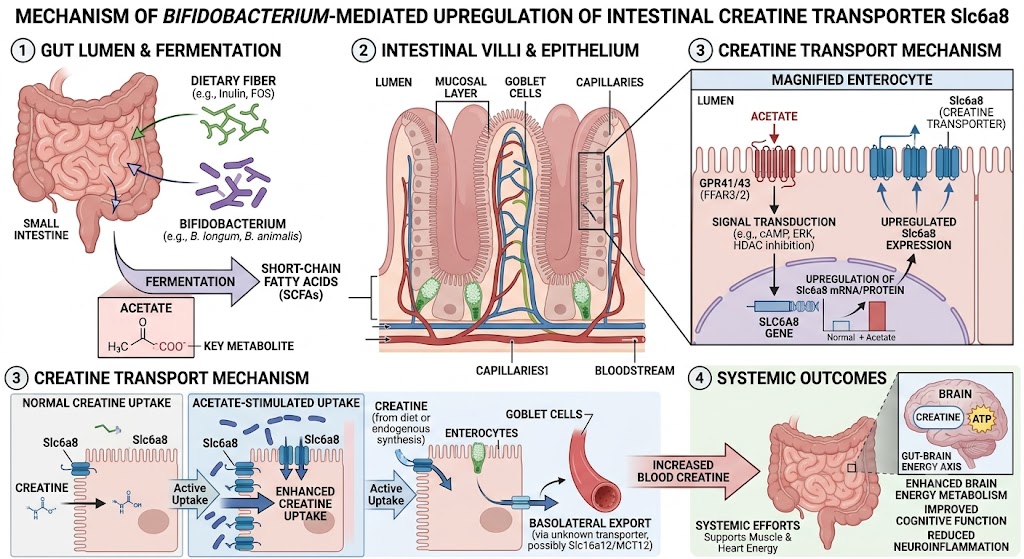 Diagram of the Bifidobacterium-creatine-Slc6a8 pathway: gut bacteria ferment dietary fiber into acetate, which activates GPR41/43 signaling and HDAC inhibition to upregulate the intestinal creatine transporter Slc6a8, raising blood and brain creatine for energy metabolism.