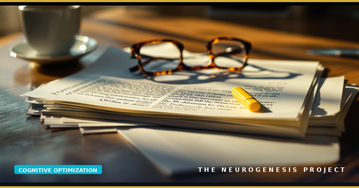 AI-generated illustration of a clinician's desk with printed research papers, a highlighter, and a pair of reading glasses in warm window light.