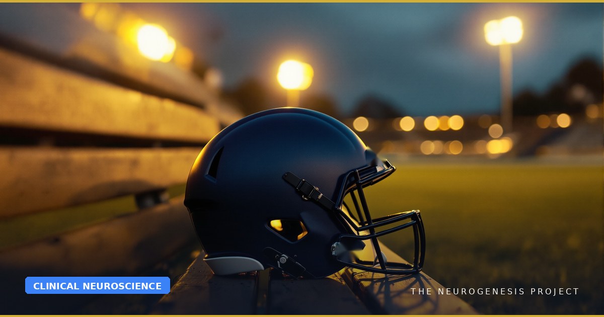 AI-generated illustration of a plain navy football helmet resting on a bench beside an empty field under stadium lights at dusk.