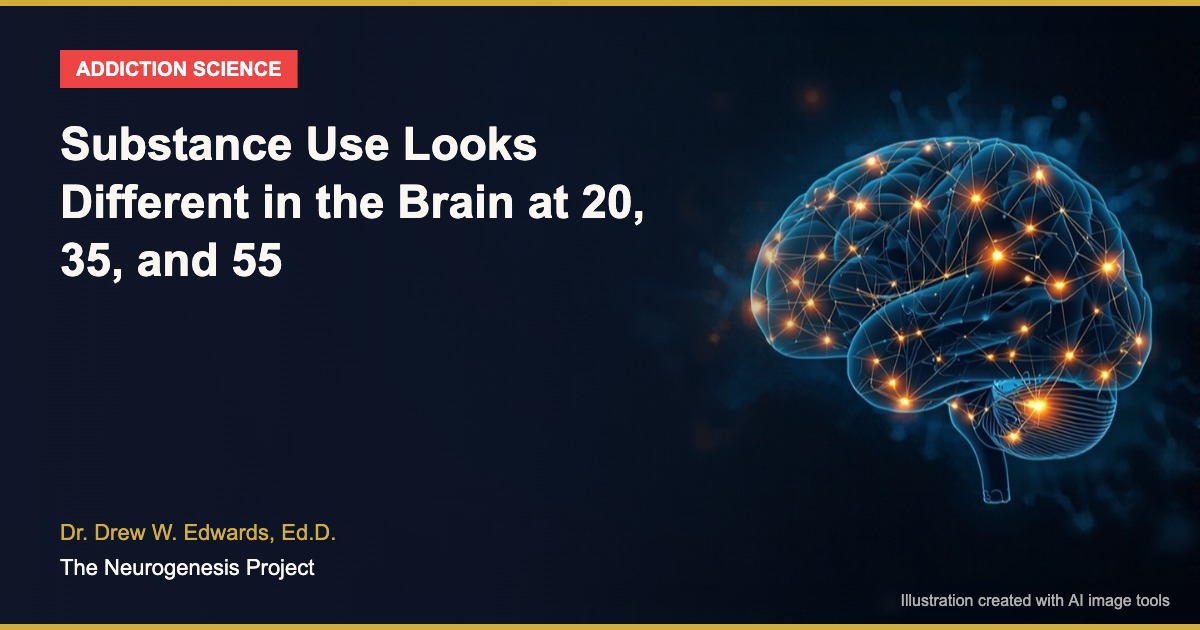AI-generated illustration: branded title card for an article on substance use and brain structure across the lifespan.