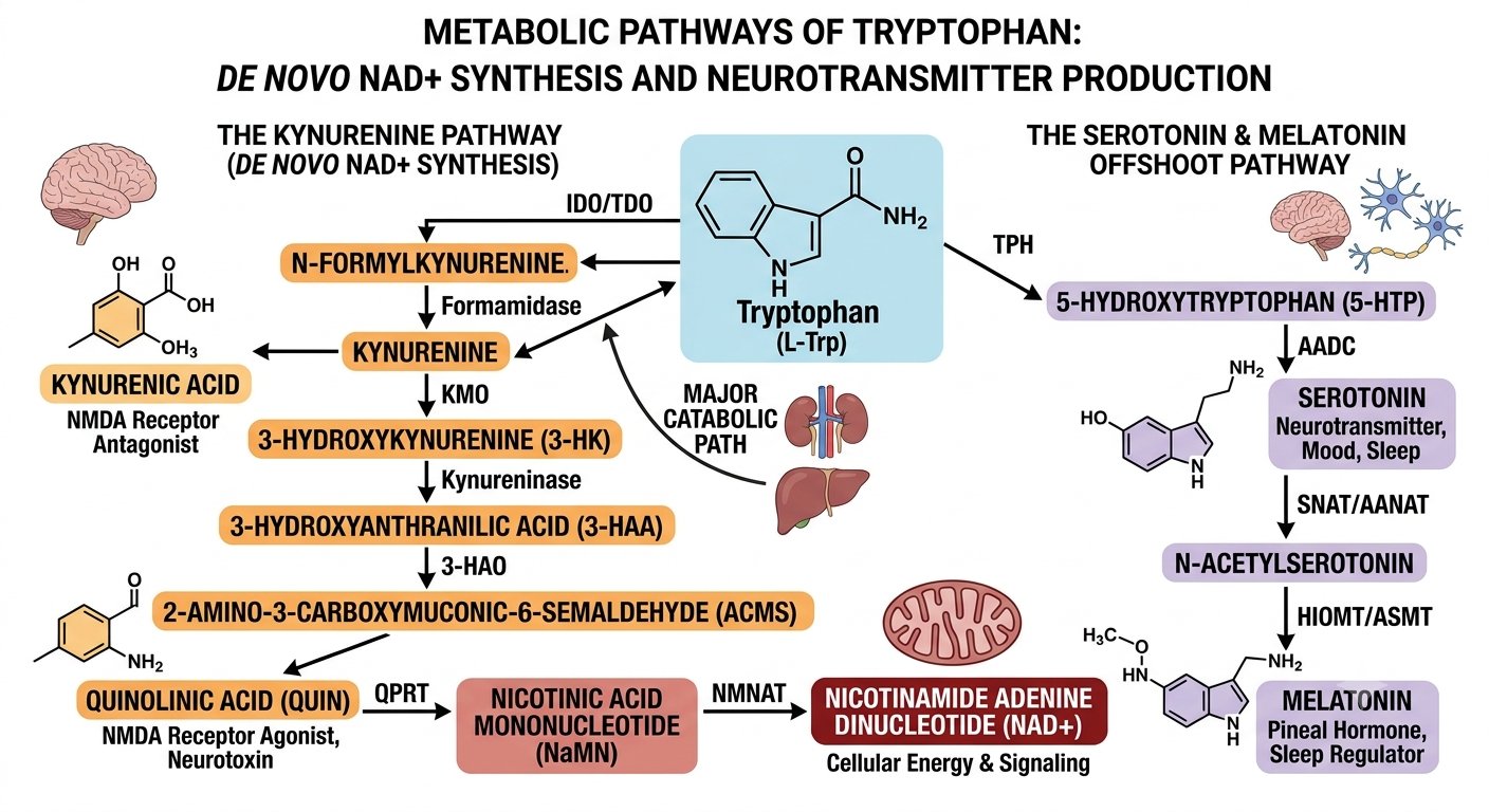 Diagram of tryptophan metabolism: the kynurenine pathway for de novo NAD+ synthesis runs through kynurenine, kynurenic acid, 3-hydroxykynurenine and quinolinic acid to NAD+, alongside the serotonin and melatonin offshoot pathway via 5-HTP.