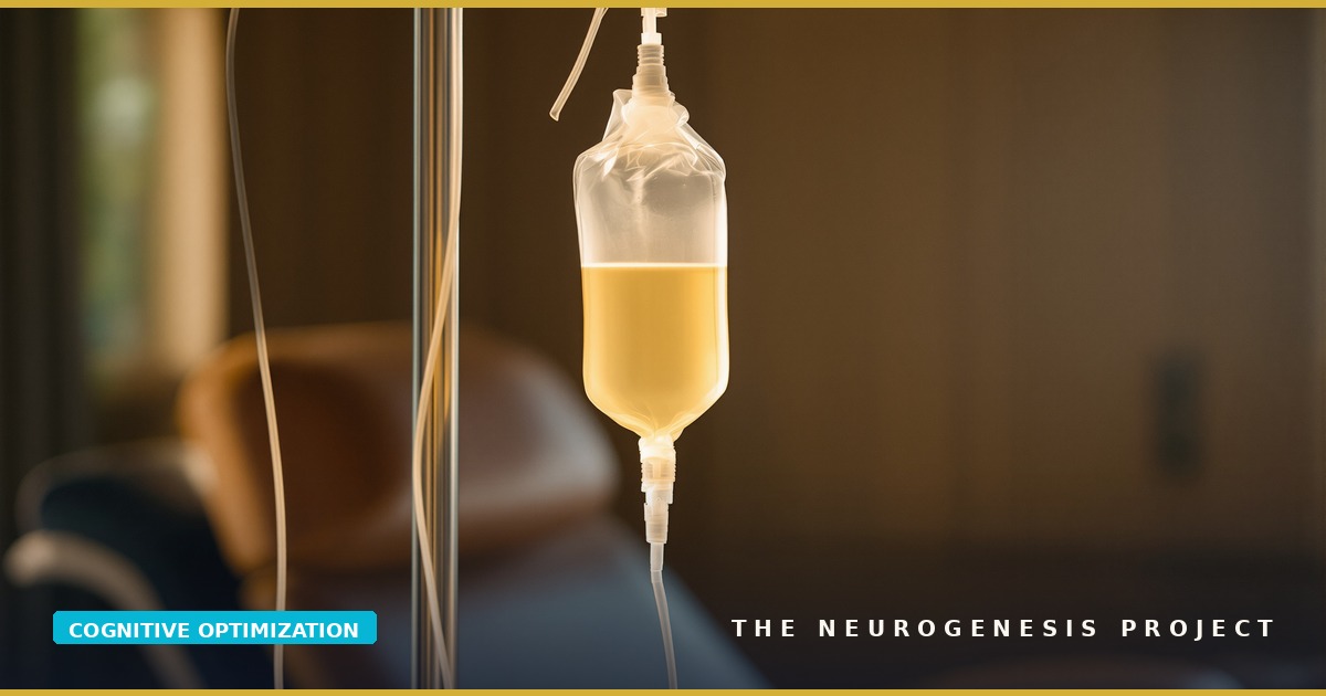 AI-generated illustration of an intravenous infusion bag of amber fluid hanging beside a treatment chair in a quiet clinic room with soft window light.