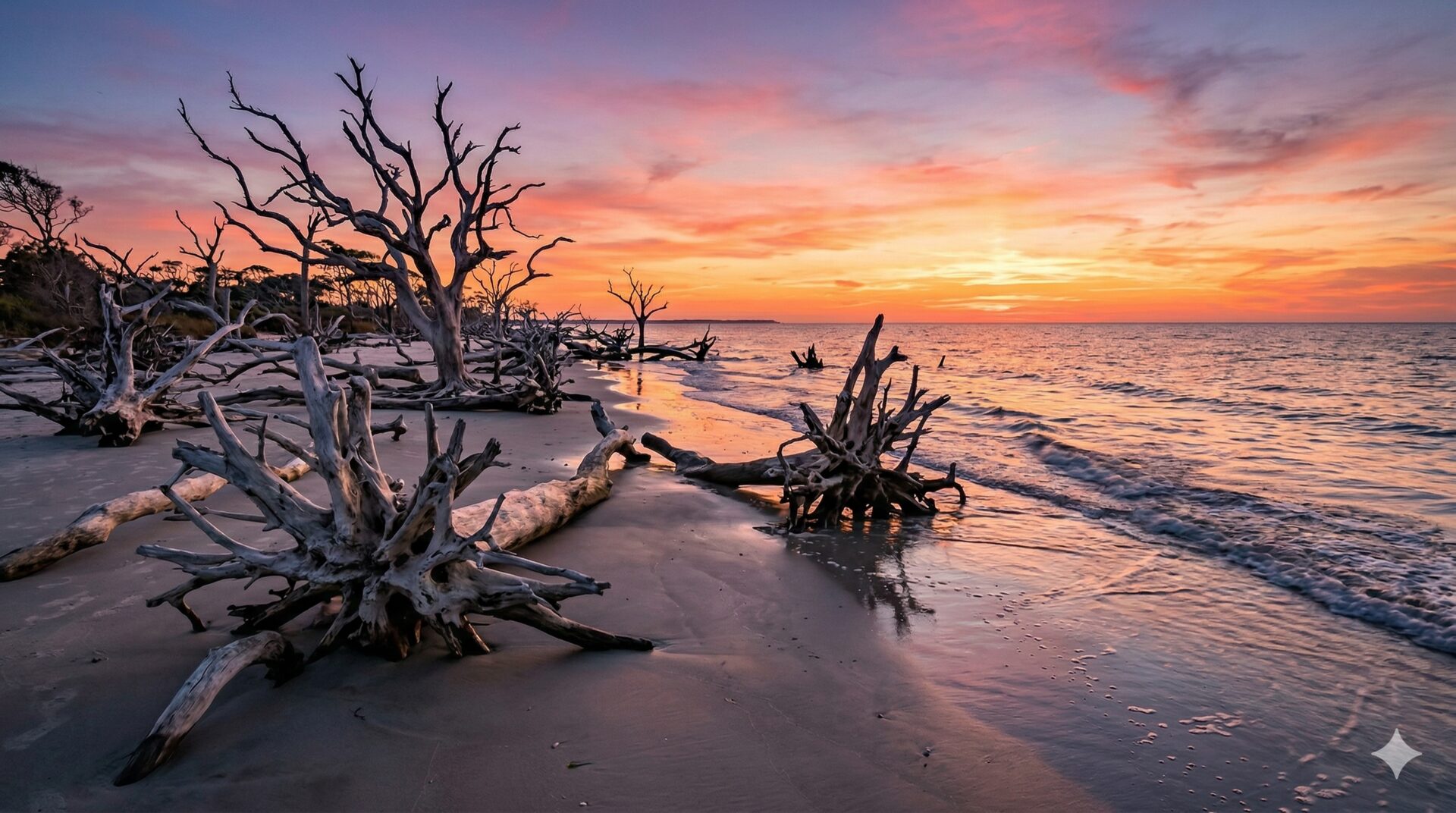 Driftwood Beach on Jekyll Island at sunset — ancient weathered trees along the pristine shoreline