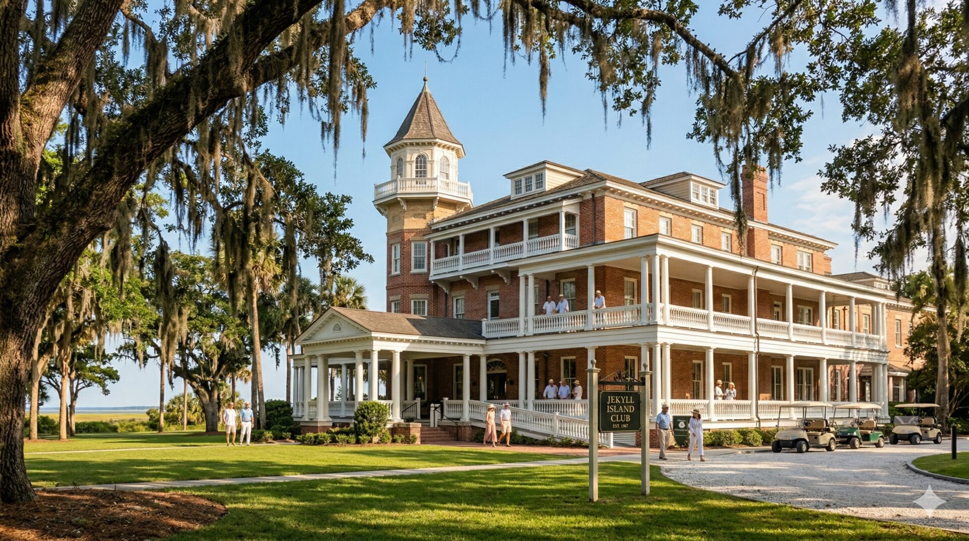 The historic Jekyll Island Club framed by live oaks draped in Spanish moss